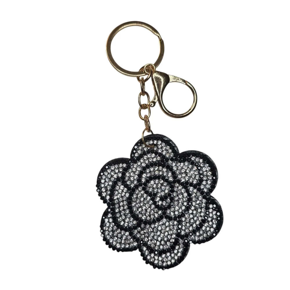 Camellia Flower Bag Charm Keychain Black & Silver Rhinestone Crystal Embellished